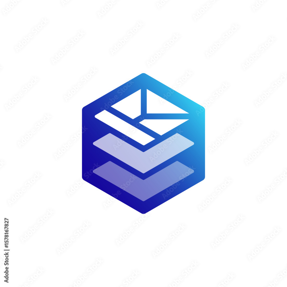 Poster hexagonal blue logo enclosing multiple abstract layers, with the top layer fragmented, conveying com