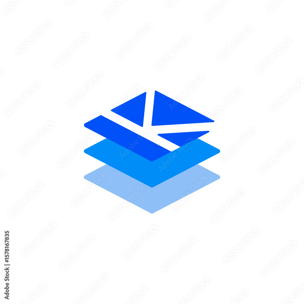 Poster angled, layered blue geometric logo with a distinct 