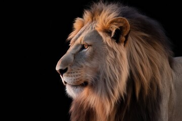 Captivating side portrait of a majestic male lion against black backdrop