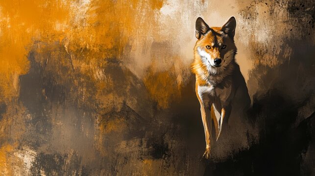 Dingo on a minimalistic background lean fur sharp eyes centered composition earthy tones strong contrast focused gaze natural light realistic and dynamic