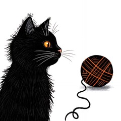 Obraz premium Curious Black Kitten Gazing at Orange Yarn Ball Halloween-Themed Pet Illustration