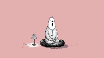 A yawning polar bear in pajamas meditates on a cushion