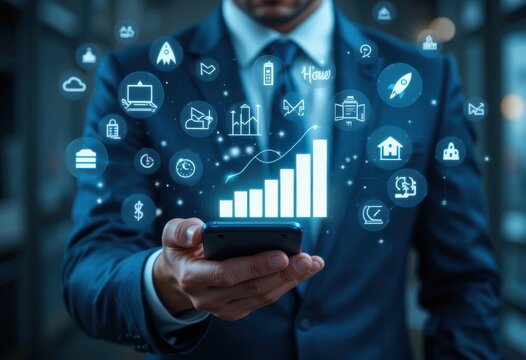 Businessman utilizing mobile device for visualizing data-driven enterprise growth - Powered by Adobe