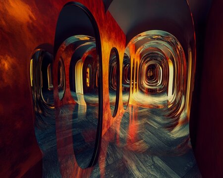 Distorted funhouse mirror texture surreal warped reflections disorienting composition