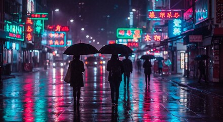Neon-Drenched Night: Silhouetted Figures Under Umbrellas in a Vibrant Asian City Street