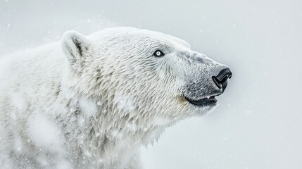 Majestic polar bear in snowy landscape with falling snowflakes, close-up wildlife photography of Arctic animal in winter habitat