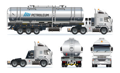 Semi trailer truck petroleum liquid oil tanker heavy cargo industries 3D model view from various angles vector set illustration
