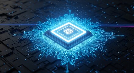 A glowing blue ai processor sits at the center of a complex circuit board, symbolizing the future of artificial intelligence and advanced computing