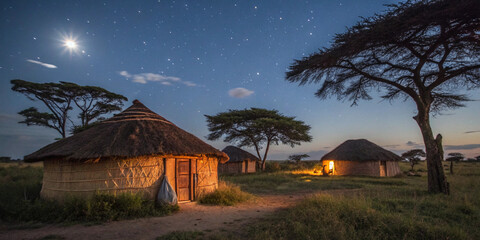 village huts under moonlight in African savannah, warm night tones, natural lighting"
