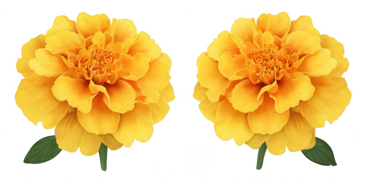 A set of two yellow marigold flowers isolated on a white background, png, transparent