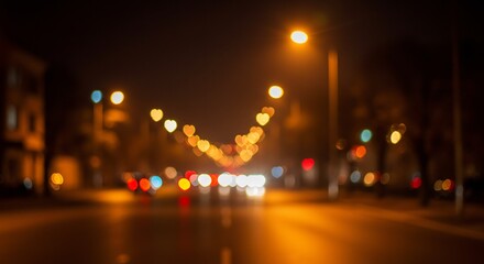 Night City Lights: Heart-Shaped Bokeh, Warm Glow, Abstract Urban Scene.