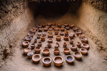 Cultural pottery arranged in concentric circles inside a small earthen gallery 