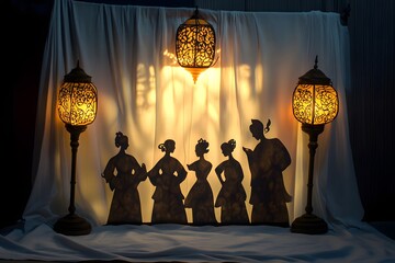 Cultural shadow puppets cast against a white curtain lit by oil lamps 