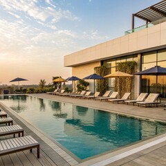Outdoor swimming pool at modern hotel, lounge chairs, sun umbrellas