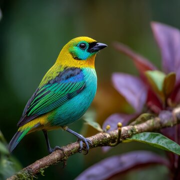 exotic tanager perched on a branch on vibrant plumage jungle foliage backdrop