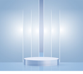 Minimalist light blue cosmetic product mockup scene with a round glass podium and soft natural shadows, perfect for showcasing skincare or beauty packaging design.	
