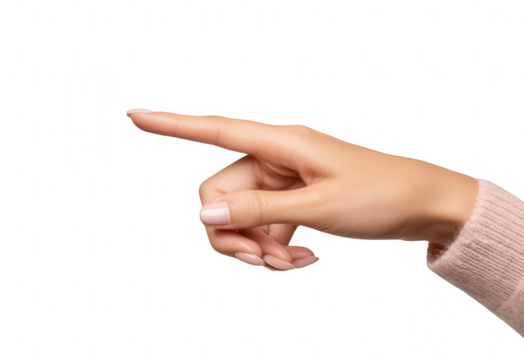 a woman's hand touching or pointing on a white background, png, transparent
