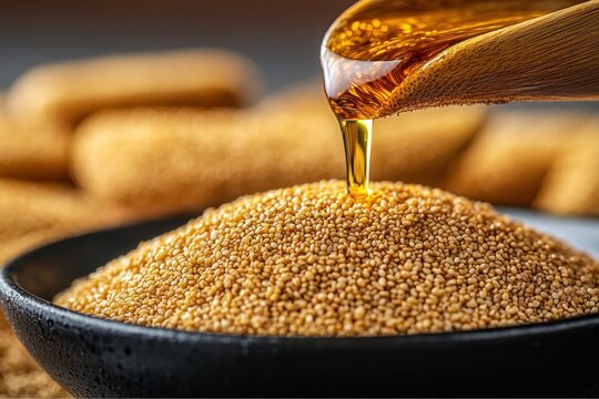Golden oil pouring over a pile of small, light-brown seeds in a dark bowl