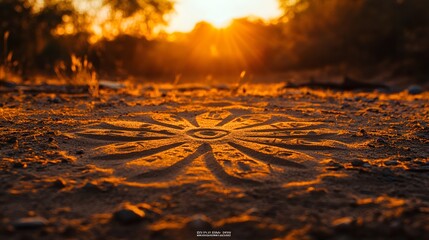 Cultural storytelling using sand drawings on the ground at sunset 