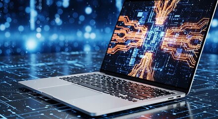 A modern laptop displays vibrant, glowing digital circuits and data streams on its screen, set against a futuristic, techinfused background