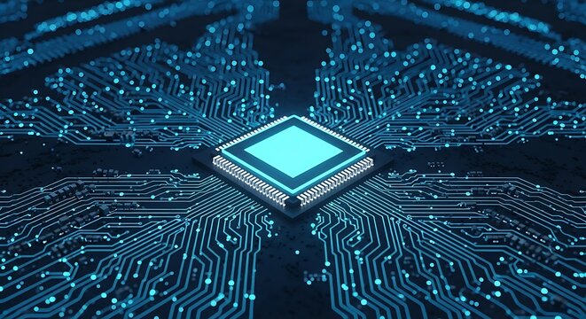 A central processor unit with a bright blue glow is embedded within a complex electronic circuit board, representing advanced computing and data flow