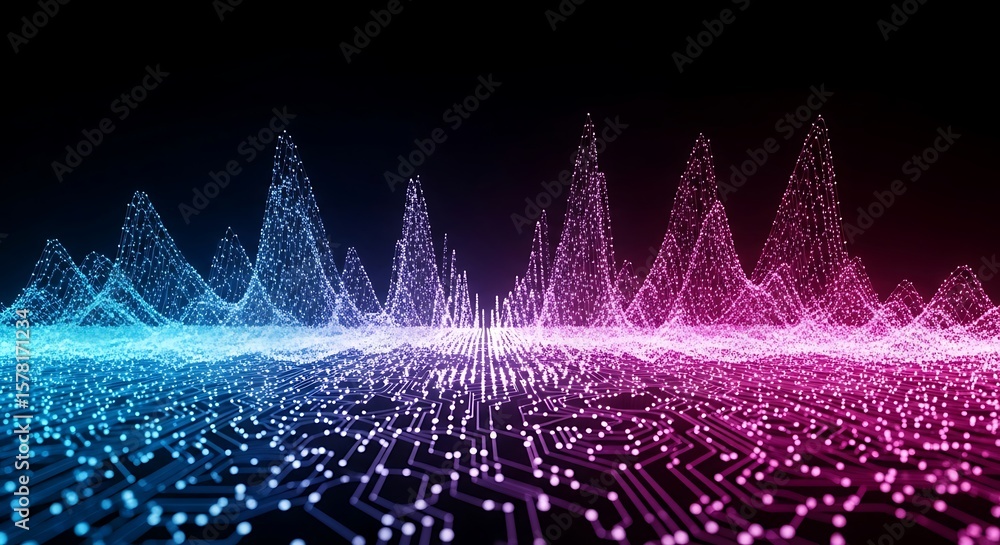 Poster vibrant digital sound wave visualization with glowing blue and pink particles flowing over a circuit