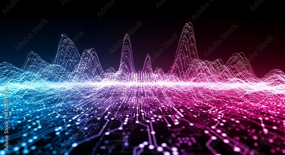 Poster vibrant digital sound wave visualization with glowing blue and pink particles flowing over a circuit