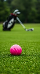 Naklejka premium Women's golf poster, Golf Tournament Flyer Template a pink golf ball on green grass, with a golf club in the background, A pink golf ball on a green golf course with a golf club in the background, 