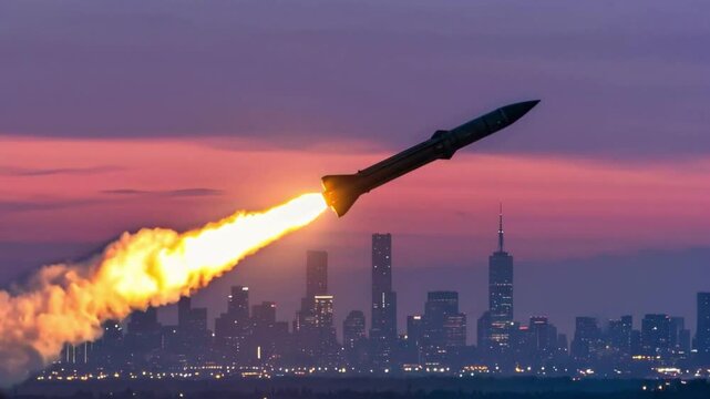 Rocket or missile flying above urban skyline at dusk, symbolizing war, threat, or technological power.