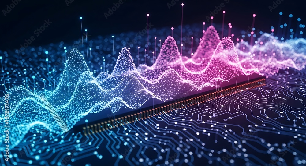 Poster a computer processor chip on a circuit board, emitting vibrant blue and pink light waves that repres