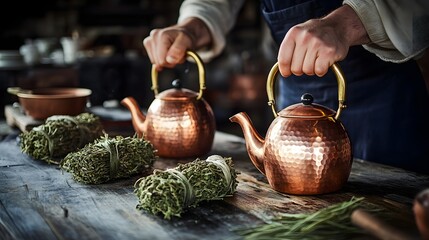 Cultural tea-making tradition being performed with copper kettles and herbal bundles 