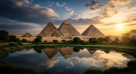 Iconic Egyptian Pyramids bathed in the warm glow of a stunning sunset reflecting in a tranquil desert oasis