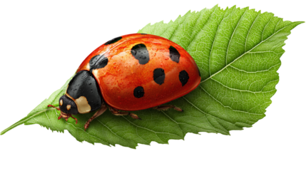 Ladybug crawling along green leaf isolated on transparent background