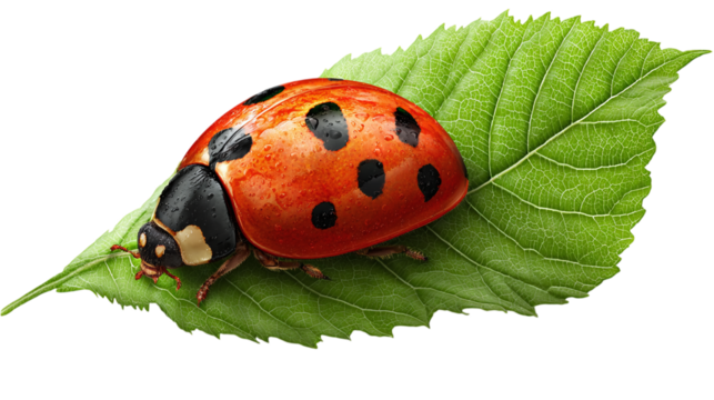 Ladybug crawling along green leaf isolated on transparent background 