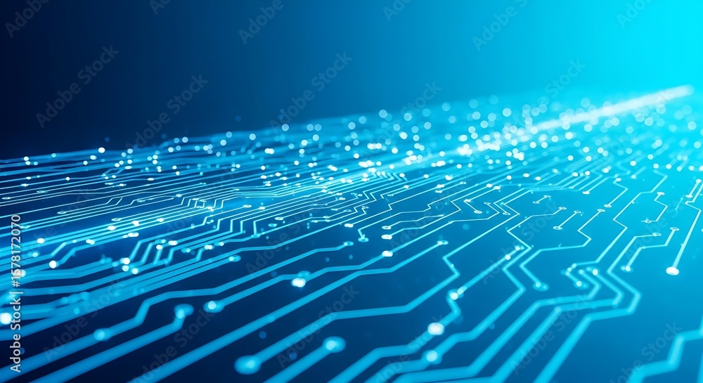 Poster a closeup view of a glowing blue circuit board, illustrating the intricate pathways of digital techn