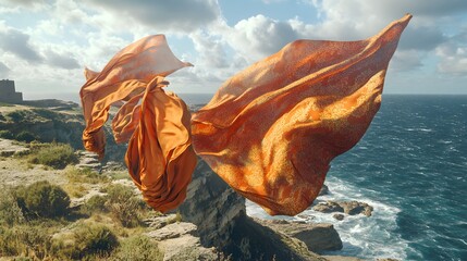 Decorative ceremonial cloths fluttering in the wind on a coastal cliff 