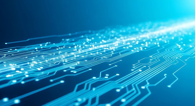 An intricate blue circuit board pattern glows with digital energy, representing advanced technology and data flow in a futuristic network