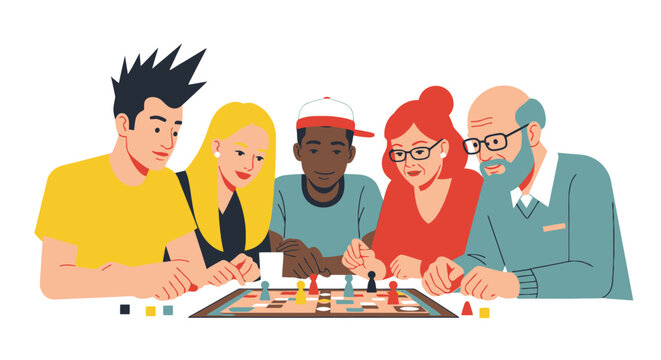 Diverse Group Playing Board Game. Friends & Family Enjoying Tabletop Game Fun. Intergenerational Leisure & Social Activity Illustration.