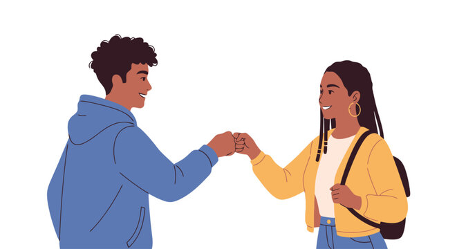 Diverse young adults exchanging a friendly fist bump, symbolizing greeting, teamwork, or partnership. Isolated illustration.