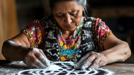 Elder woman preparing sacred symbols using charcoal and white flour 