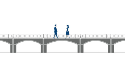 Man and Woman Silhouettes Walking on Bridge, Approaching Each Other - Connection, Encounter, and Relationship Concept
