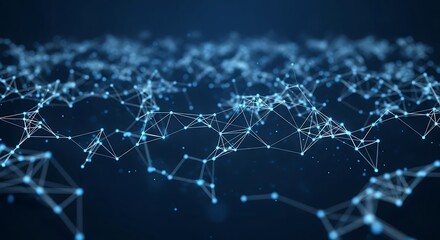 An intricate network of glowing blue lines and nodes forms a complex digital structure against a dark, abstract background, representing technology and data