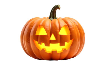 A carved orange pumpkin with a smiling face and glowing interior. The background is black, emphasizing the pumpkin's features.
