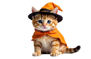 A small orange tabby kitten wearing a black hat and an orange cape. The kitten has bright blue eyes and a playful expression against a white background.