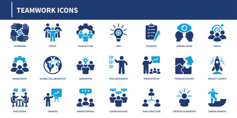 Teamwork icons representing collaboration, project planning, brainstorming, communication, and leadership in solid style.