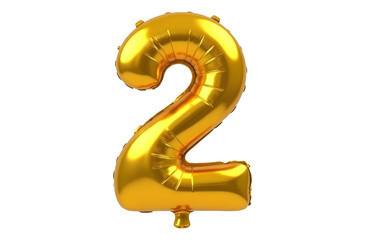 A shiny gold balloon shaped like the number two on a transparent background. The balloon is inflated and reflects light, creating a festive appearance.