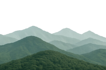 Green mountains covered with trees fading into the distance under a transparent sky, creating a tranquil and serene landscape