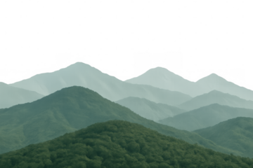 Green mountains covered with trees fading into the distance under a transparent sky, creating a tranquil and serene landscape