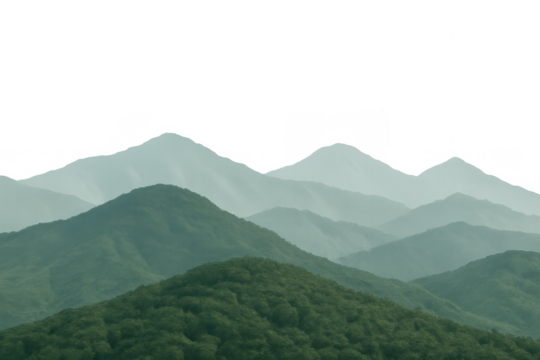 Green mountains covered with trees fading into the distance under a transparent sky, creating a tranquil and serene landscape