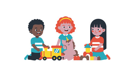 Happy Diverse Children Playing with Toys: Train, Unicorn, Blocks. Multicultural Kids Enjoying Playtime Together. Childhood Fun.
